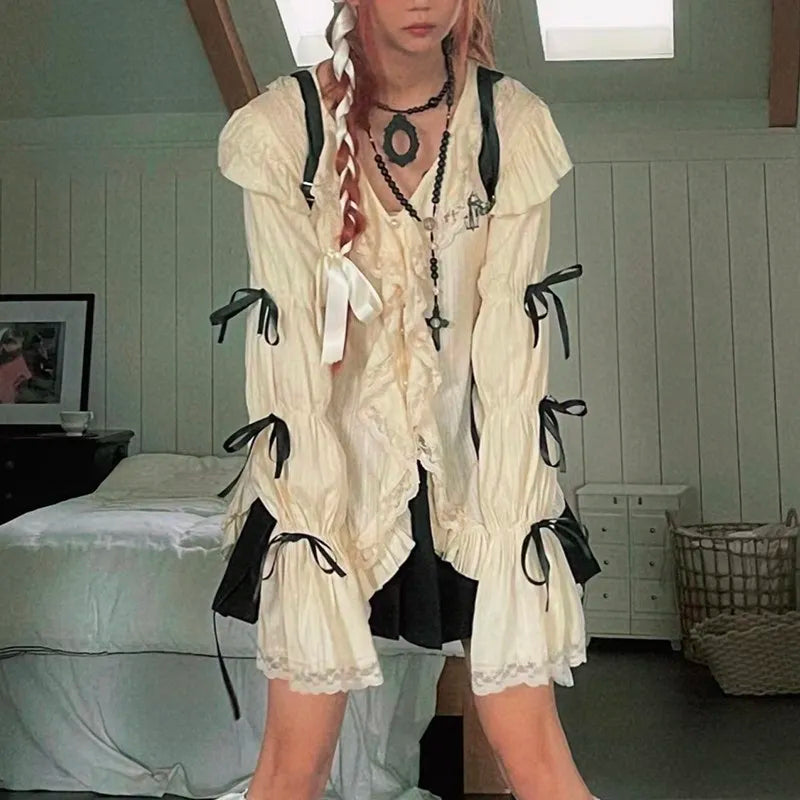 Y2k Aesthetics Lace Shirt Grunge Gothic Irregular Blouses Fairy Harajuku Bandage Shirt Vintage Lolita Clothes Mall Goth voguable