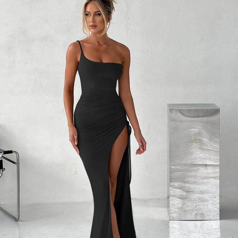 Drawstring High Slit Dress Women Sexy One Shoulder Slim Elastic Maxi Bodycon Party Pleated Vestidos Female Dresses voguable