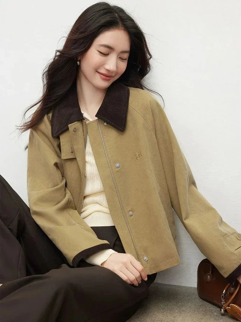 Vintage Casual Khaki Jacket Women Long Sleeve Patchwork High Quality Coat Korean All Match Women Fall Winter Embroidery Top voguable