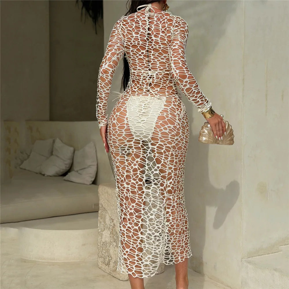 Voguable  Holiday Beige Hollow Out Dresses Swimwear Halter String Bikinis Sets 3 Pieces Micro Thong Sexy Swimsuit Women Beachwear voguable