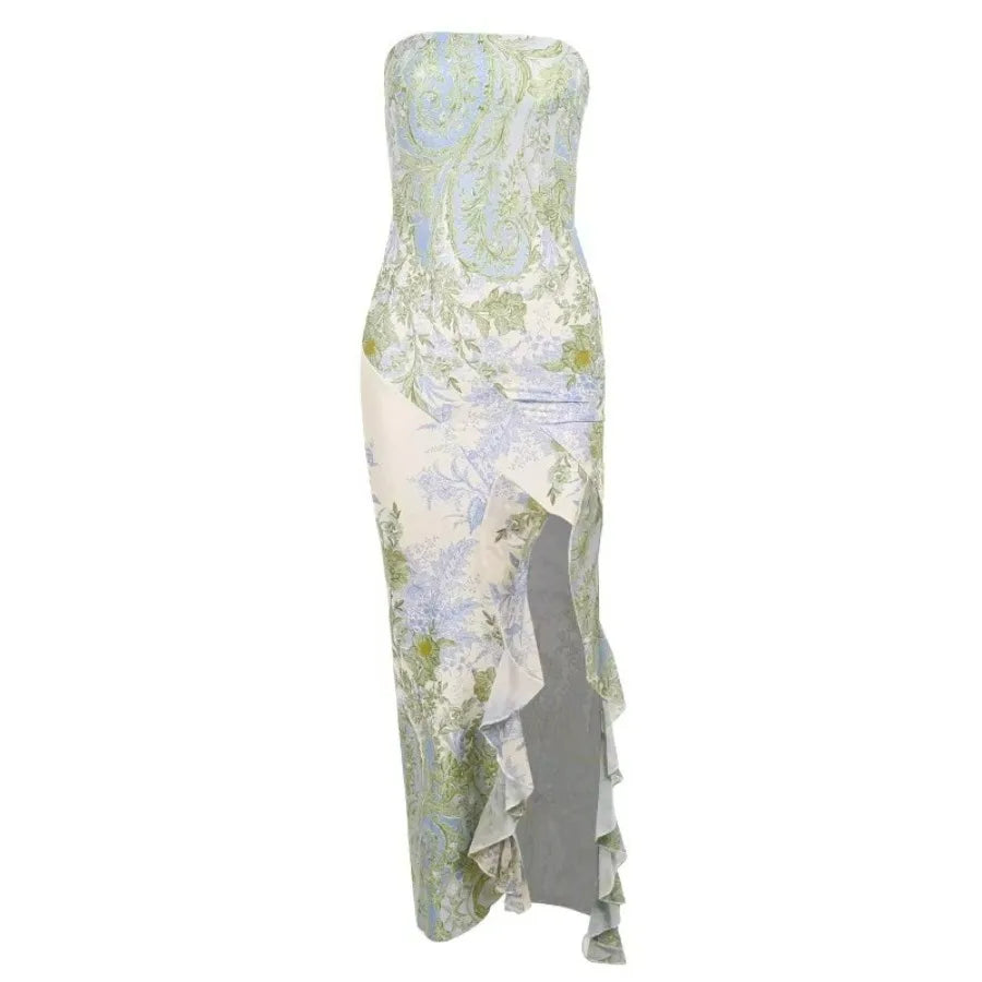 Voguable  New summer European and American style tube top dress French sexy pure desire print dress women waist split long dre voguable