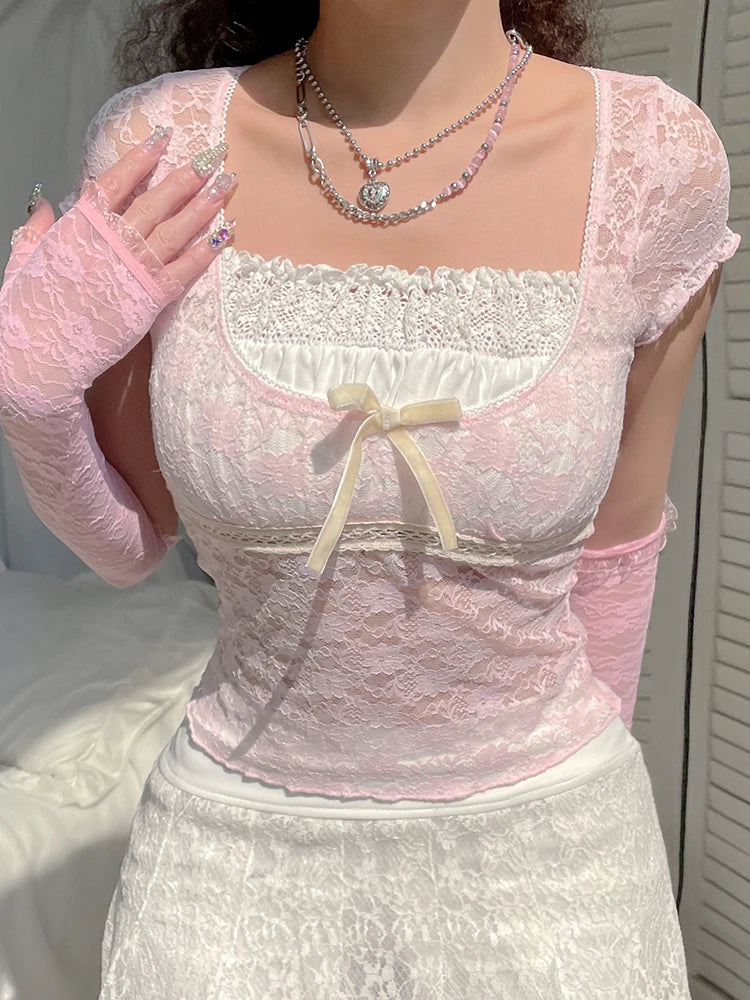 Voguable  Bow Patchwork Lace Crop Top Y2K Aesthetic T-shirt Short Sleeve Kawaii Clothes Lolita Style Cute Pullovers Fairycore Tee voguable