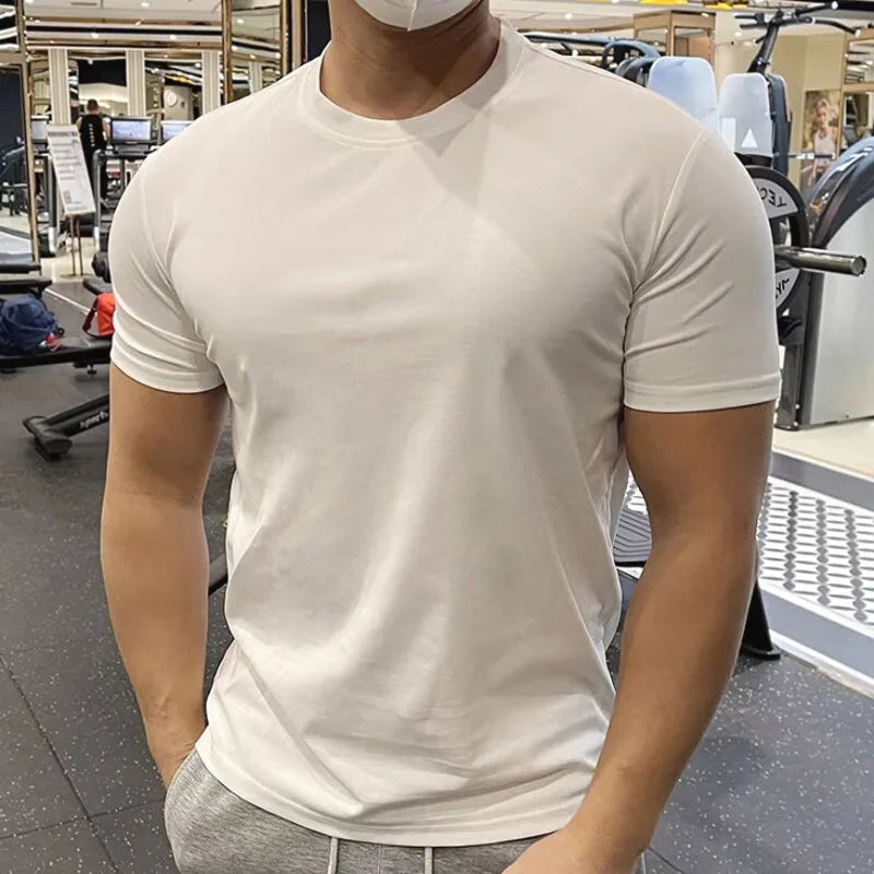 Ice Silk Gym T-shirt Men Summer O-Neck Tight Elasticity Quick Dry Short Sleeves Ultra-Light Casual Solid Running Sports T-Shirts voguable