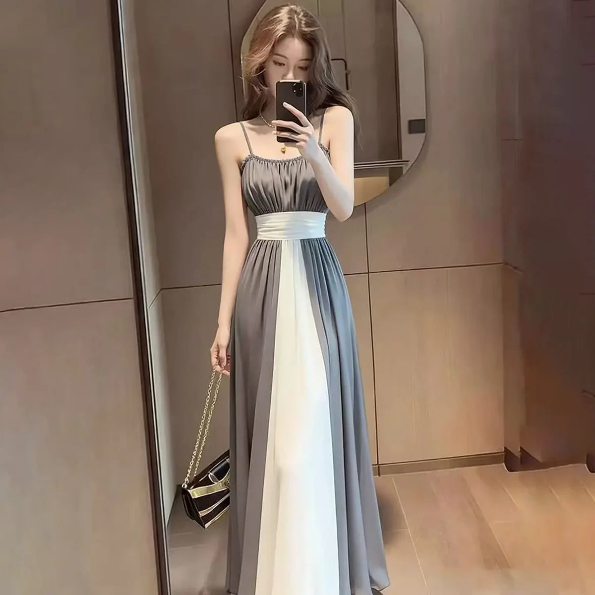 Voguable  Women Satin Cami Maxi Dress Beaded Scoop Neck Ruched High Waist Color Block Flowy Wedding Guest Evening Formal Gown Vestidos voguable