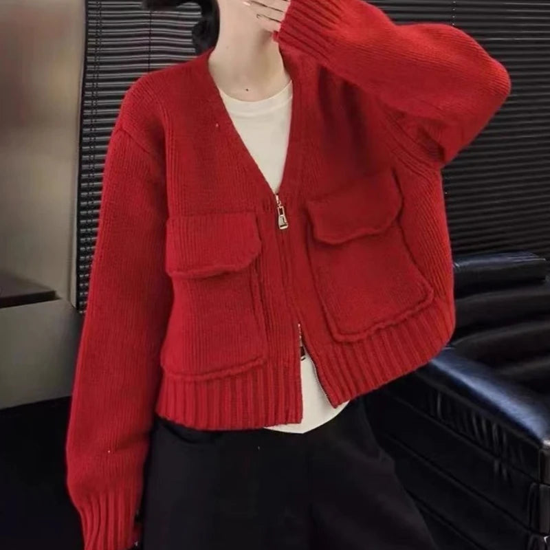Women's Zip Up Knit Cardigan with Pocket V-neck Zipper Front Crop Sweater Jacket Female Teen-girl Autumn Winter Y2K Outfit voguable