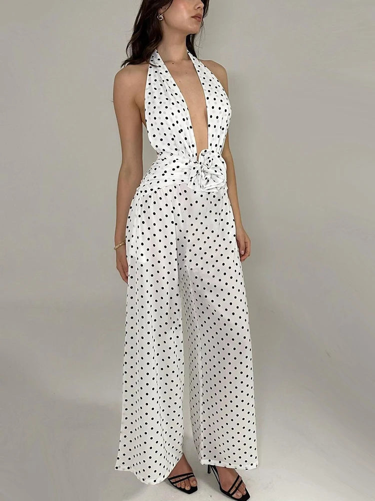 Halter Backless Jumpsuit Women Polka Dot Prin Bandage Sleeveless v-Neck Wide Legs Office Street Skinny Sexy Overalls voguable