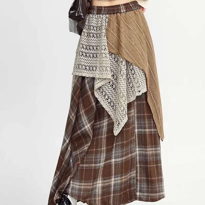 Autumn Winter Woolen Plaid Skirts Women Elastic High Waist Patchwork Irregular Waste Soil Wind Fashion Loose A-line Big Skirt voguable