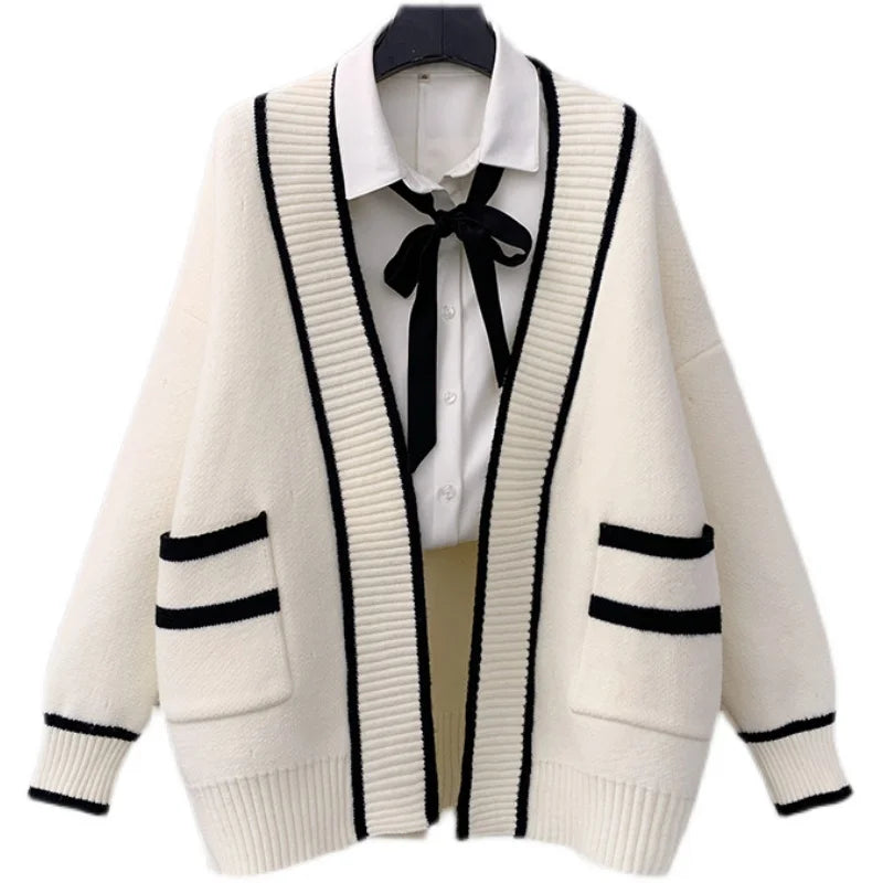 Varsity Cardigan Sweater for Women Open Front Slouchy Knitted Sweater Jacket Cardi Collaege Student Girl Fall Winter Outfit voguable