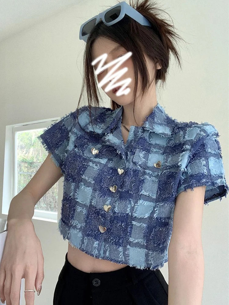 Tassel Cropped Plaid Shirt Women Vintage Streetwear Short Sleeve Sexy Blouse Casual Retro American Summer Short Y2K Tops voguable