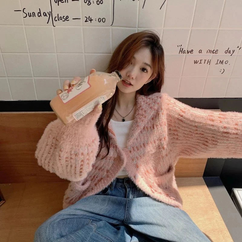 Mohair Sweet Pink Cardigan Sweater Women Elegant Lazy Wind Chic Knitted Coat Loose Long Sleeve Fashion High Quality Tops voguable