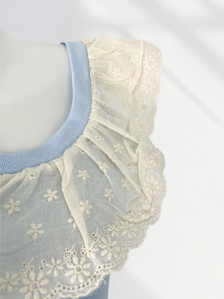 Peter Pan Collar Ruffle Knit Long Dress 2025 Blue Embroidery Patchwork Sweet Chic Tank's Dress Sleeveless Slim Summer Dresses voguable