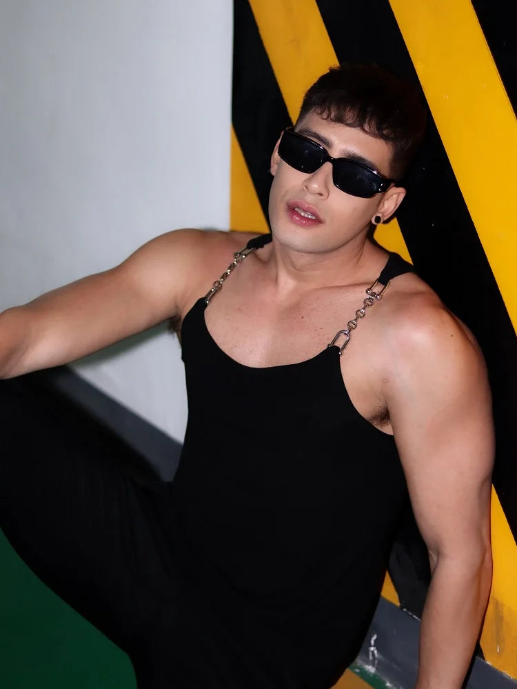 Voguable Metal Chain Strap Design Sleeveless T-shirts Men's Street Fashion Clothes 2024 Summer Male Tank Tops Free Shipping voguable