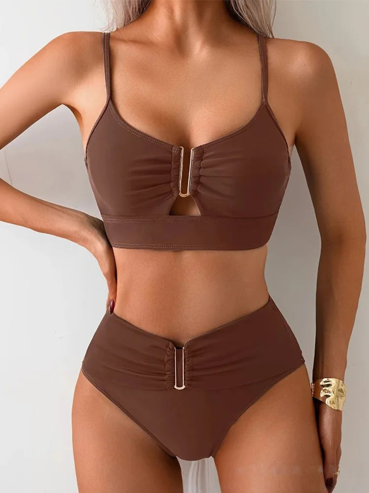 Voguable  Sexy Solid High Waist Bikinis Set Women Split Swimsuit Beach Brazil Bikini New All Season Backless Bikinis 2 Piece Set voguable