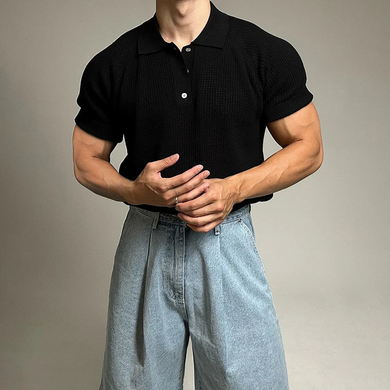 New Trend Men Polo Shirt Leisure Vintage High Quality Knit T-shirt American Style Chic Breathable Button Short Sleeve Knitwear voguable