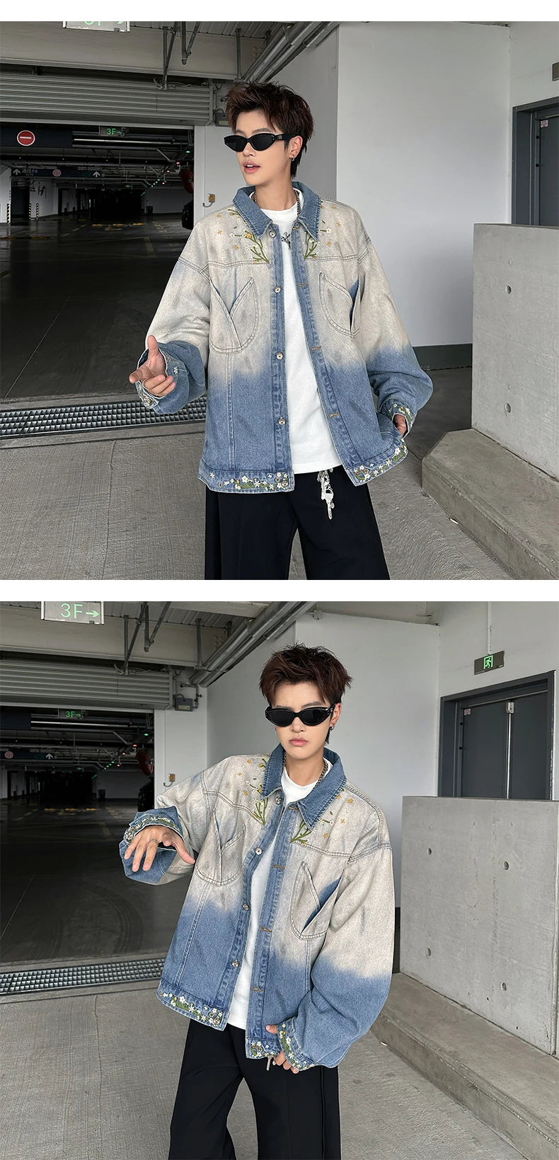 American Gradient Floral Embroidered Denim Jackets Men Women Korean Version Heavy Loose Tops Trendy Design Jackets Aesthetic voguable