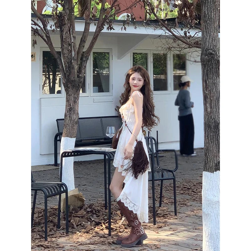 Voguable Y2K 2000S Irregular Midi Dress Women Fairy Lace Patchwork Strap One Pieces Dresses Summer Vacation Korean Bodycon Vestidos voguable