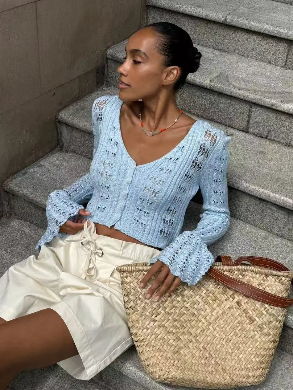 2025 New Knit Flare Sleeve V-neck Hollow Out Short Coat Fashion Casual Button Transparent Summer Cardigan Top Cover-up Jacket voguable