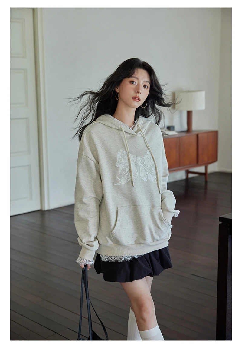 Lace Patchwork Cute Hoodies Women Loose Long Sleeve Bow Print Vintage Pullover Korean Casual Female Preppy Style Sweet Tops voguable