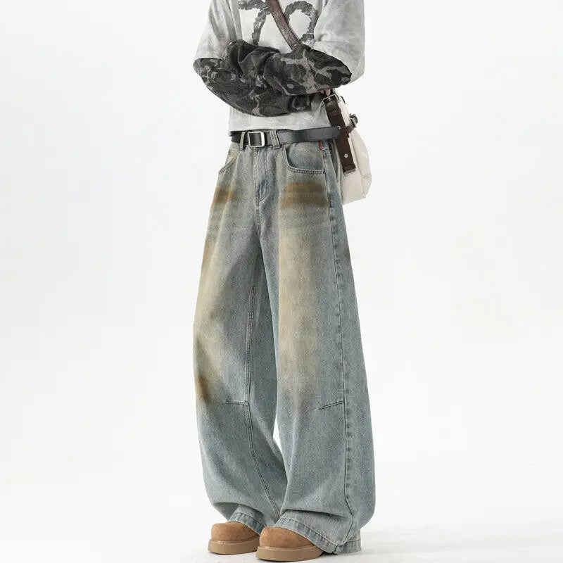 Men Baggy Wide Leg Jeans Washed High Street Fashion Trendy Casual Streetwear Oversized Fit Light Blue Vintage Wash Trousers voguable