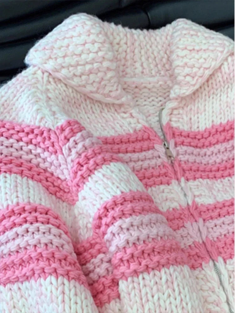 Lazy Wind Women Sweet Cute Cardigan Sweaters Vintage Striped Long Sleeve Loose Knitted Jacket Fall Winter Soft Warm Female Tops voguable