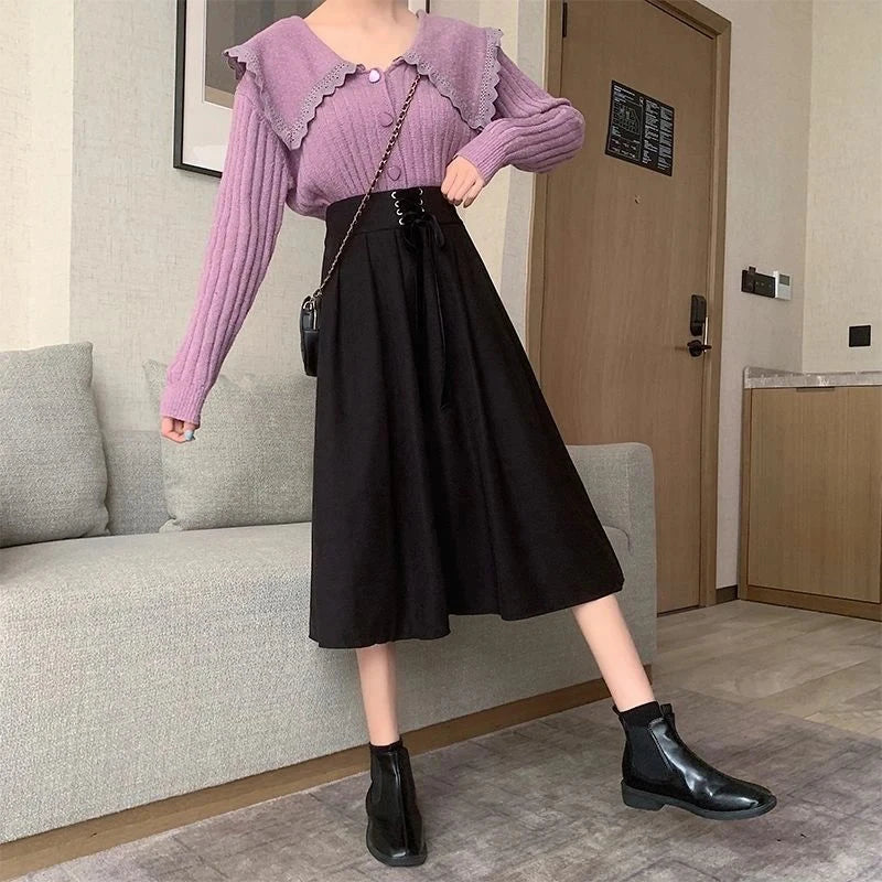 Preppy Style Vintage Long Skirts Women High Waist Sweet Loose A Line Skirt Lace Up Retro Fall Winter Female Elegant Long Skirts voguable