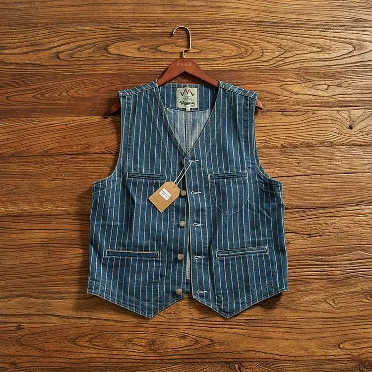 American Leisure Denim Vest Men Trendy Retro Old Striped Horse Clip American High-end Multi-pocket V-neck Layered Work Vest Men voguable