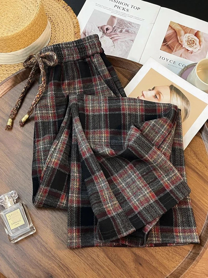 Retro Streetwear Plaid Pants Women Lace Up Loose Hip Hop Straight Trousers High Waist Casual Vintage Harajuku Bf Wide Leg Pant voguable