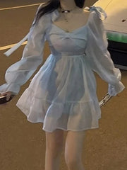Voguable Winter Korean Fashion Long Sleeve Casual Lolita Dresses Female Vintage Y2K Beige Mini Dress Kawaii Blue One Piece Dress voguable