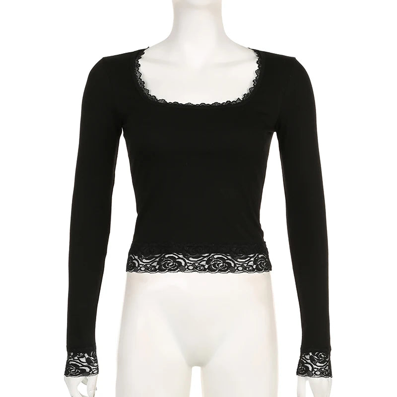 Voguable Casual Basic Square Collar Cropped Top Black Coquette Style Lace Patchwork Slim-fitting Long Sleeve T-shirts Autumn Tee voguable