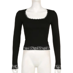 Voguable Casual Basic Square Collar Cropped Top Black Coquette Style Lace Patchwork Slim-fitting Long Sleeve T-shirts Autumn Tee voguable