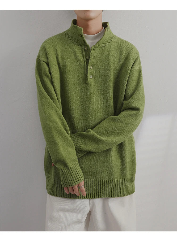 Voguable  Korean Fashion Knitted Solid Color Pullover Men Autumn Luxury Sweater Mock Neck Button Long Sleeve Loose Stylish Texture Casual voguable