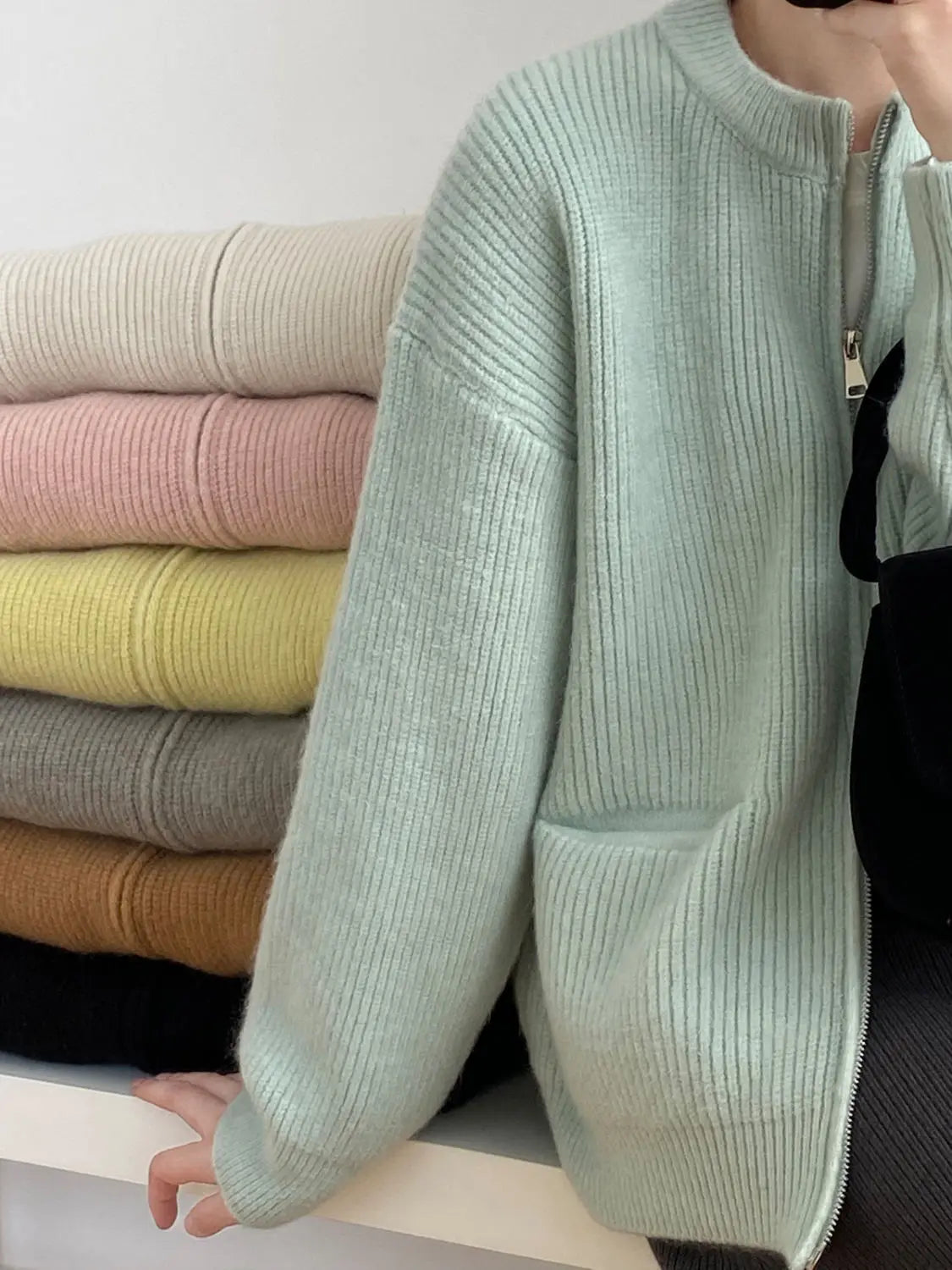 Sweater Cardigan Women Autumn Double Zipper Casual Korean Knitwear Coat Solid Color Loose Soft Long Sleeve Jackets Outerwear voguable