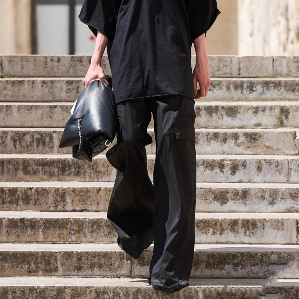 Style Wide Leg Drawstring Black Cargo Pants Unisex Straight Baggy Casual Overalls Men's Streetwear Loose Oversized Trousers