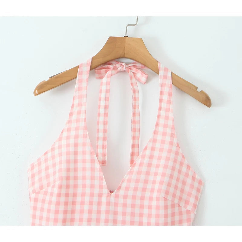 Summer Women Sexy Backless Pink Plaid Halter Dress Low Waist Elegant Party Dresses Holiday Robe voguable