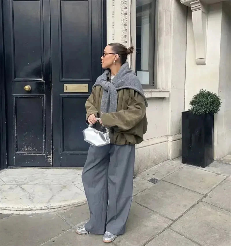 2025 New Fashion Women Green Suede Jacket Spring Lapel Long Sleeve Zipper Oversize Bomber Coat Chic Female High Street Outerwear voguable