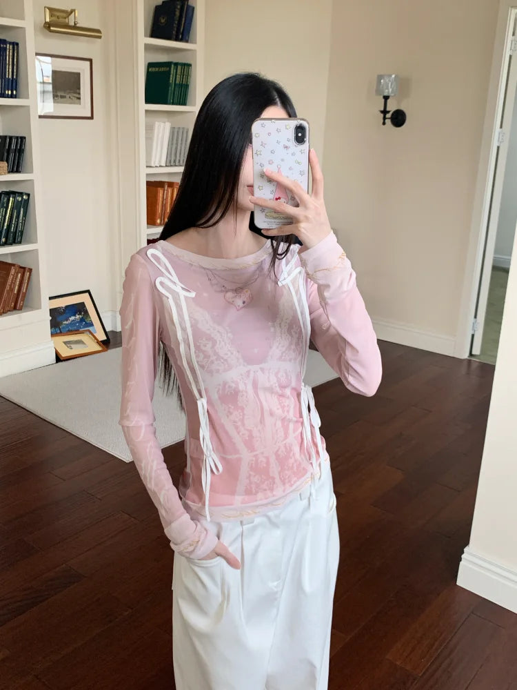 Designer Pink Long Sleeve T Shirt For Woman Fall 2025 Lace Print Funny Tees Cute Mesh Top Kawaii Clothes voguable
