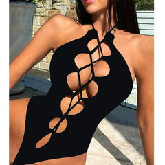 Voguable  One Piece Bikini Women Sexy Cross Bandage Hollow Out Black Swimwear Halter Monokini Summer Backless Bathing Suit voguable
