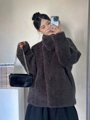 Japan Cute Faux Lamb Coat Women Loose Long Sleeve Winter Warm Retro Jacket Casual Stand Collar Preppy Style Pockets New Top voguable