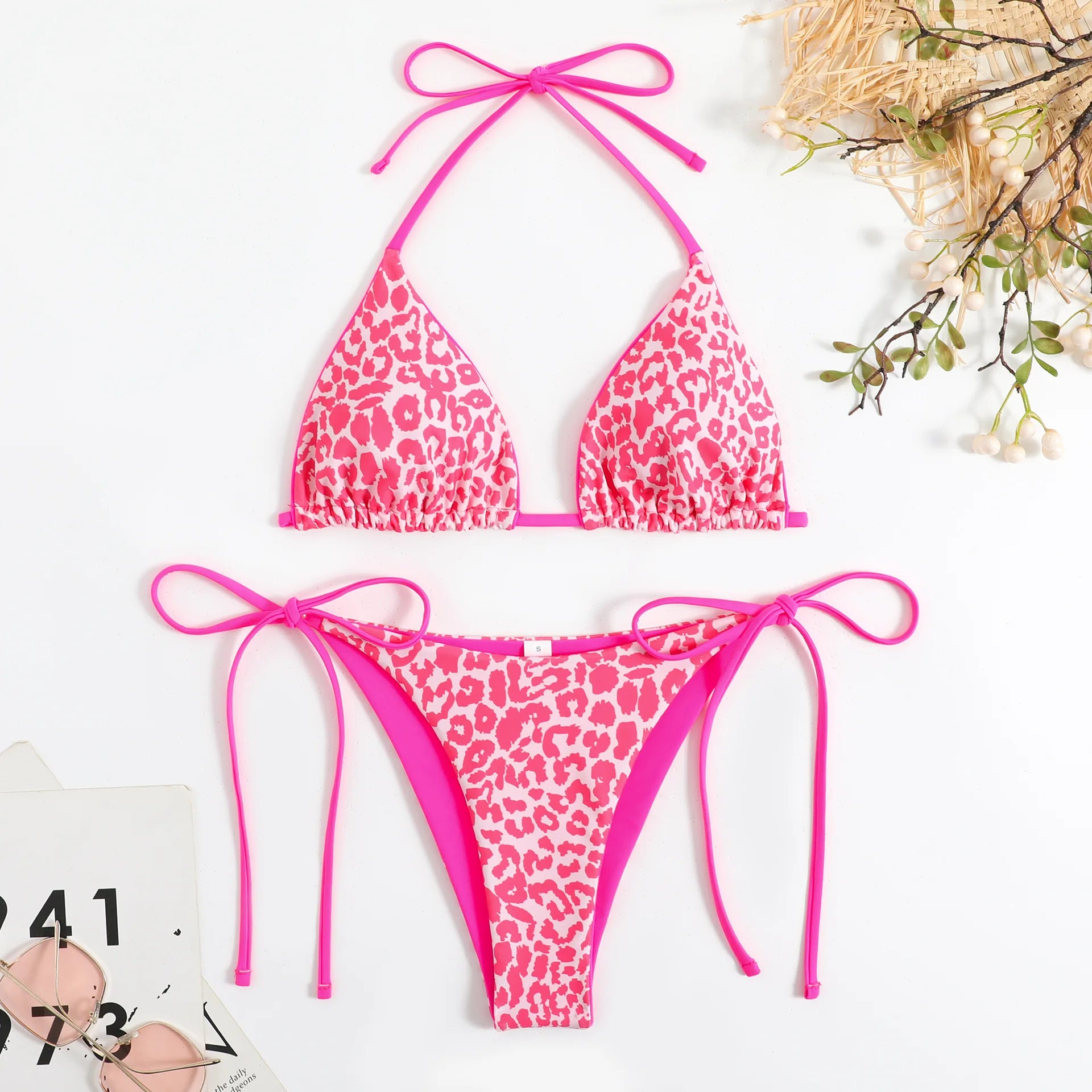Voguable Sexy Micro Bikini 2024 Women Pink Leopard Print Neon Double Side Push Up Swimsuit Brazilian Beach Bathing Suit Thong Swimwear voguable
