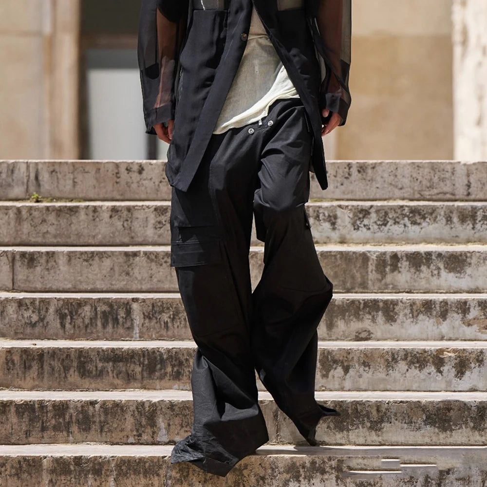 Style Wide Leg Drawstring Black Cargo Pants Unisex Straight Baggy Casual Overalls Men's Streetwear Loose Oversized Trousers
