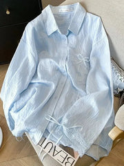 Blue Sweet Sun Proof Shirt Women Lace Patchwork Bow Korean Blouse Loose Fashion Long Sleeve Elegant Female Casual Cute Tops voguable