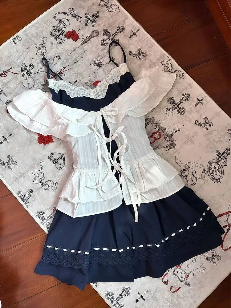 Voguable  Y2K Lolita Two Piece Set Off Shoulder Ruffled Blouse + Lace Trim Camisole Skirt Japanese Style Sweet Preppy Dress Summer voguable