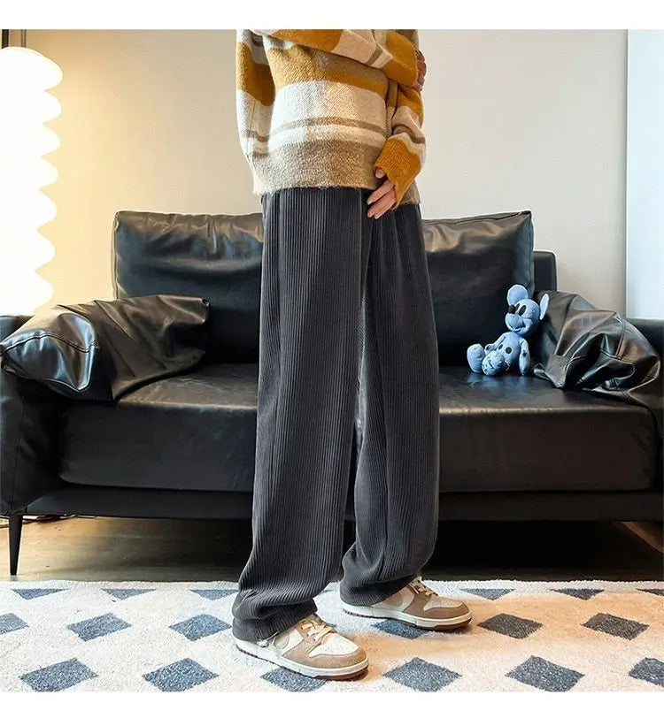 Autumn Corduroy Straight Trousers Men Loose Solid Casual Drape Trousers Harajuku Fashion Drawstring Street Wide Leg Sweatpant voguable