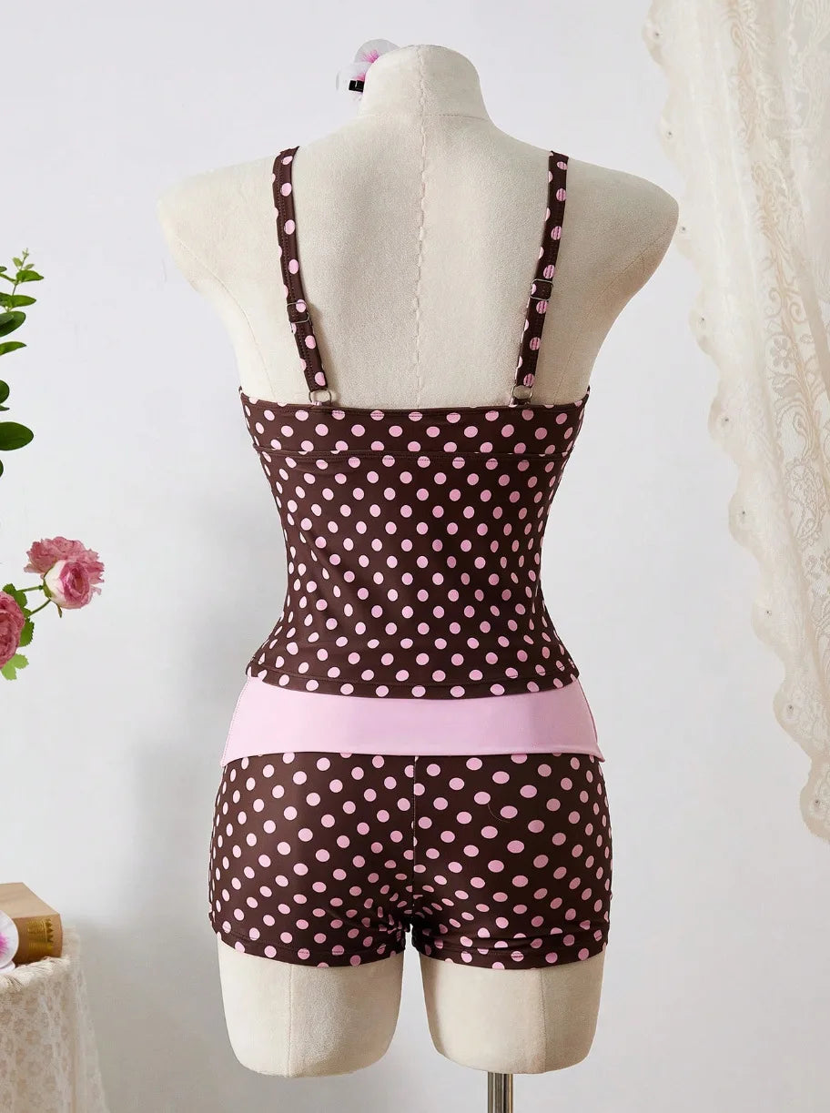 Voguable  Women Pink Polka Dot 2 Piece Tankini Bikinis Set V Neck Sleeveless Side Ruched Top Drawstring Waist Boyshort Swim Beach Swimwear voguable