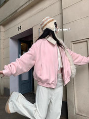 Pink Faux Suede Jacket Women Sweet Long Sleeve Vintage Streetwear Baseball Coat Fall Casual Retro American Y2K Lady Outwear voguable