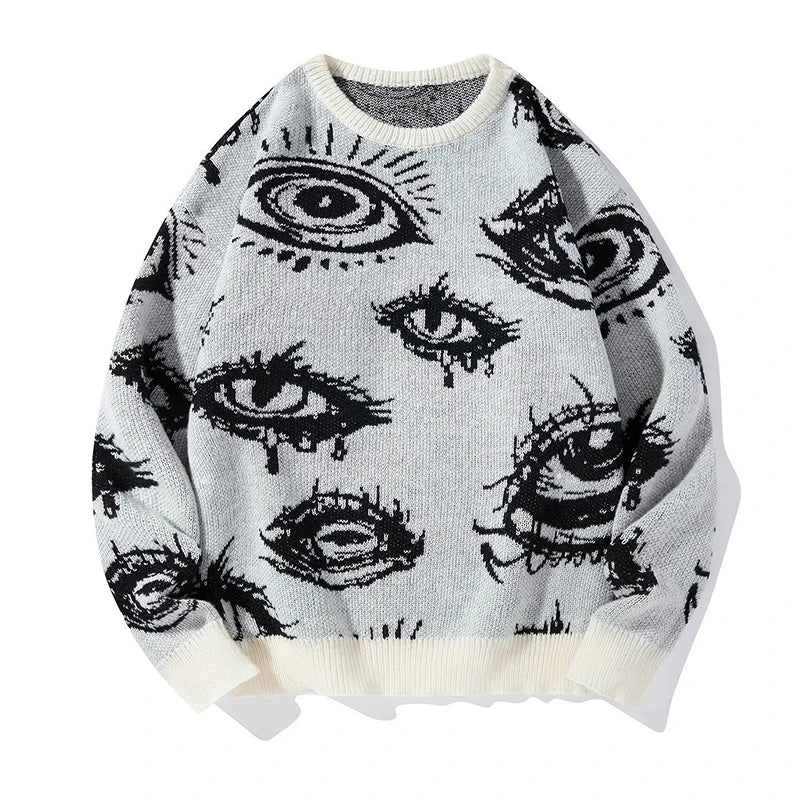 New American Trendy Men Sweater High Street Dark Eyes Printed Knit O Neck Long Sleeve Pullover Casual Loose High Street Knitwear voguable