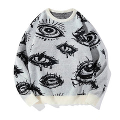 New American Trendy Men Sweater High Street Dark Eyes Printed Knit O Neck Long Sleeve Pullover Casual Loose High Street Knitwear voguable