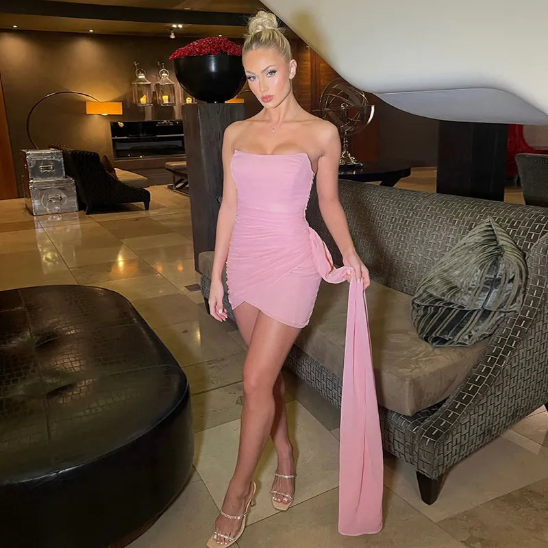 Solid color sexy long ribbon Mini dress ladies summer strapless sheath dress Sisterly temperament party dress short skirt voguable