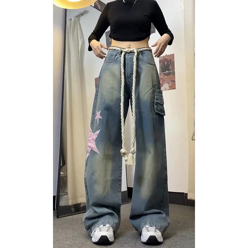 Voguable Women Baggy Star Jeans Vintage Harajuku Oversize High Waist Denim Trouser Emo 2000s Y2k 90s Aesthetic Wide Pants Trashy Clothes voguable
