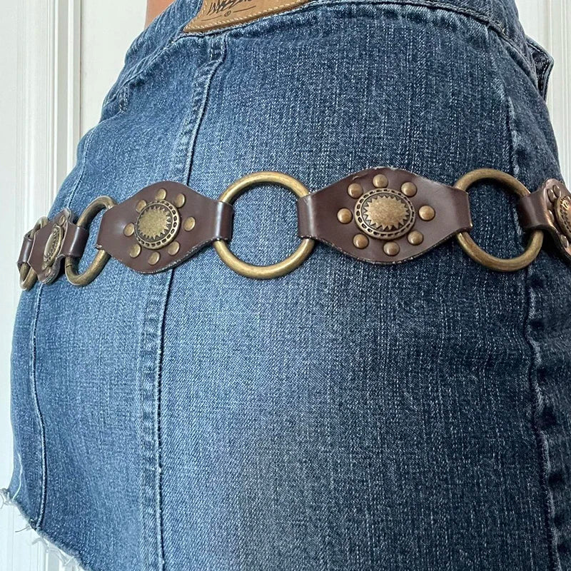 Voguable Vintage PU Leather Hollow Out Ring Wide Belt y2k Streetwear Punk Rivets Belts for Women Fashion Accessories Waistband voguable